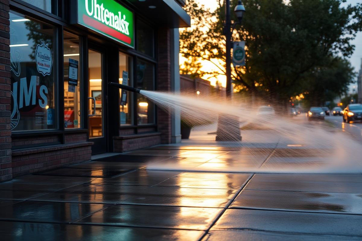 Commercial storefront sidewalk being pressure washed