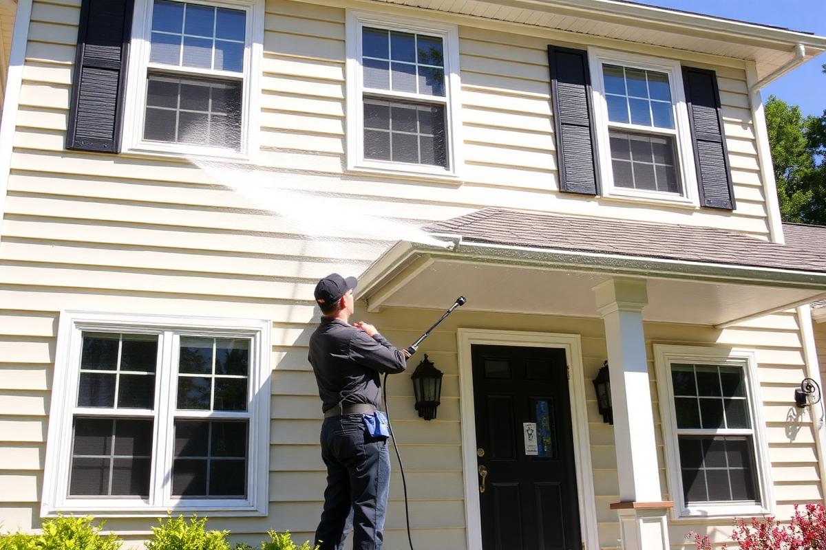 House washing service in progress on a suburban home exterior